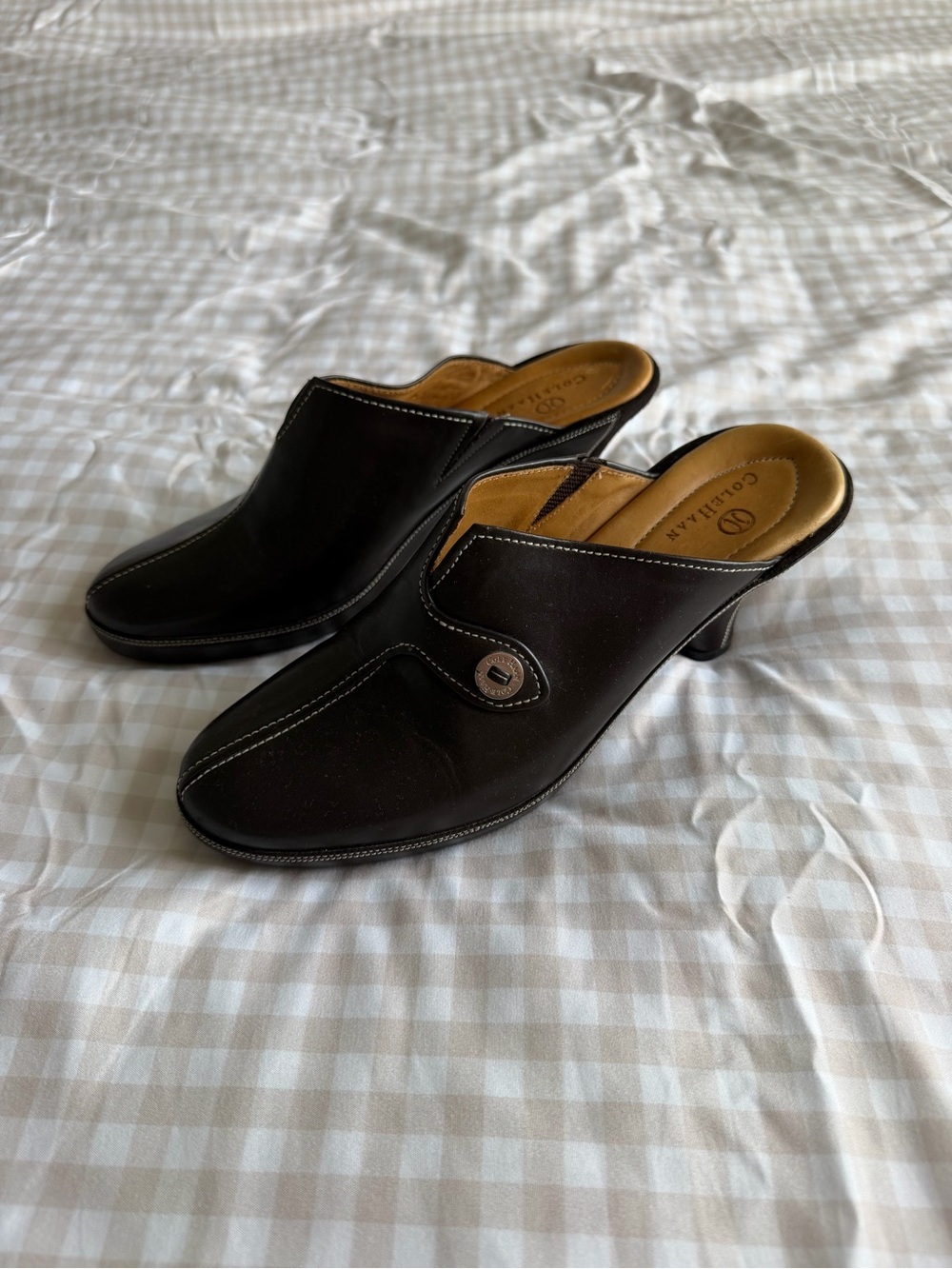 Cole Haan Brown Leather Slip-On Mule Heels with Button (8)
